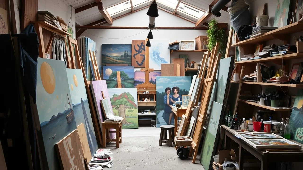 A glimpse into a painter's workshop, overflowing with canvases and creative energy.