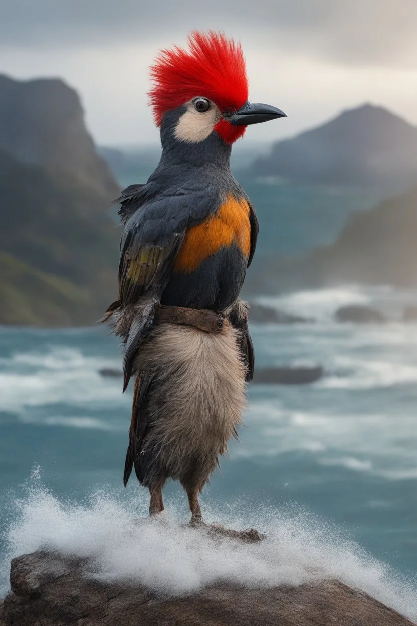 full body, head to toe, 3D, an anthropomorphic Scottish woodpecker named William, with short, pixie-cut, (((red hair))) tapered on the sides - full color - 32k, UHD, 1080p, 8 x 10, glossy professional quality digital photograph - raging sea and mountains and a ship in the background, historic, powerful, exquisite detail, sharp - focus, ((skin details, high detailed skin texture))