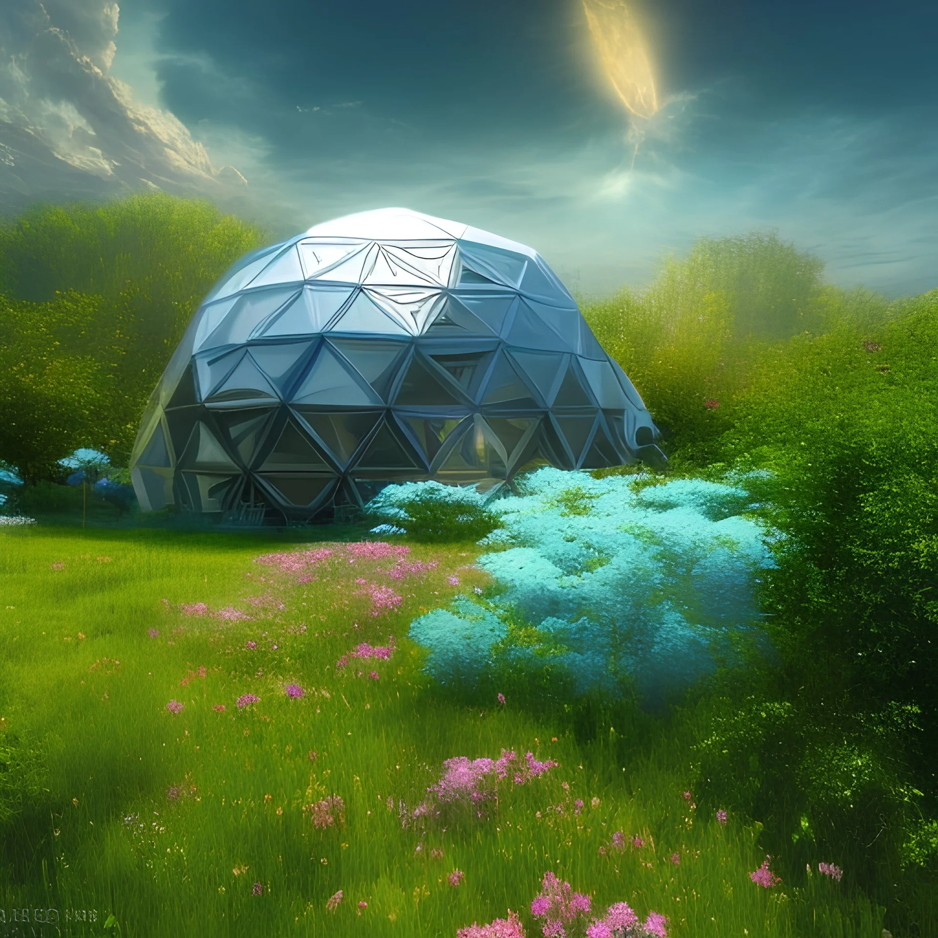  futuristic dome in the countryside on another planet, green plants, flowers, big trees blue sky, pink, blue, yellow soft lights