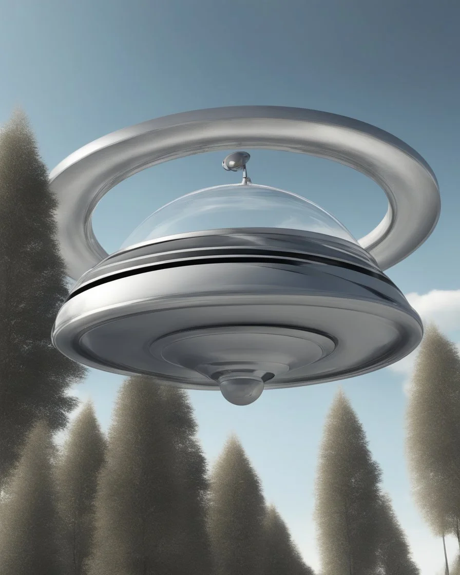 Design a futuristic, silver UFO hovering in a clear blue daytime sky, photorealism