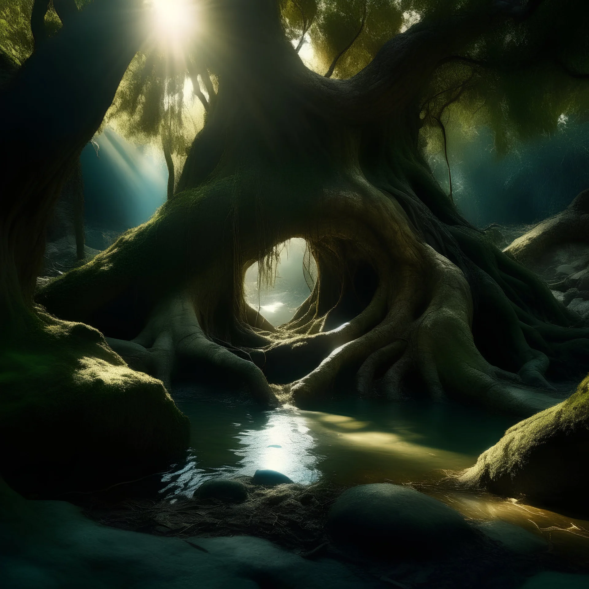 An ancient tree with a hollow trunk stands in a dry forest. Crystal-clear water has pooled within the bottom of this hollow space. The water glows with a soft light and makes the tree's hollow trunk glow.