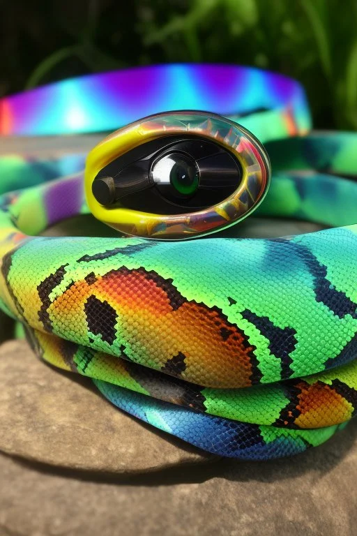 the snake head in rainbow colored round swimming goggles