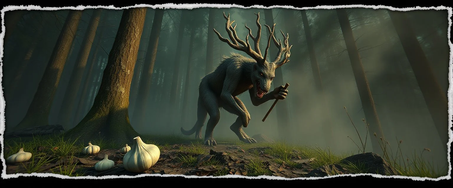 3d airbrush render,i was cooking garlic and went out to eat and something hit me hard and i wake up puked and wrestled a lycantrophy and ran to the forest to sleep , pinhole cam, airbrush 3d rendering, in the style of Titian and Dali , torn edges on border