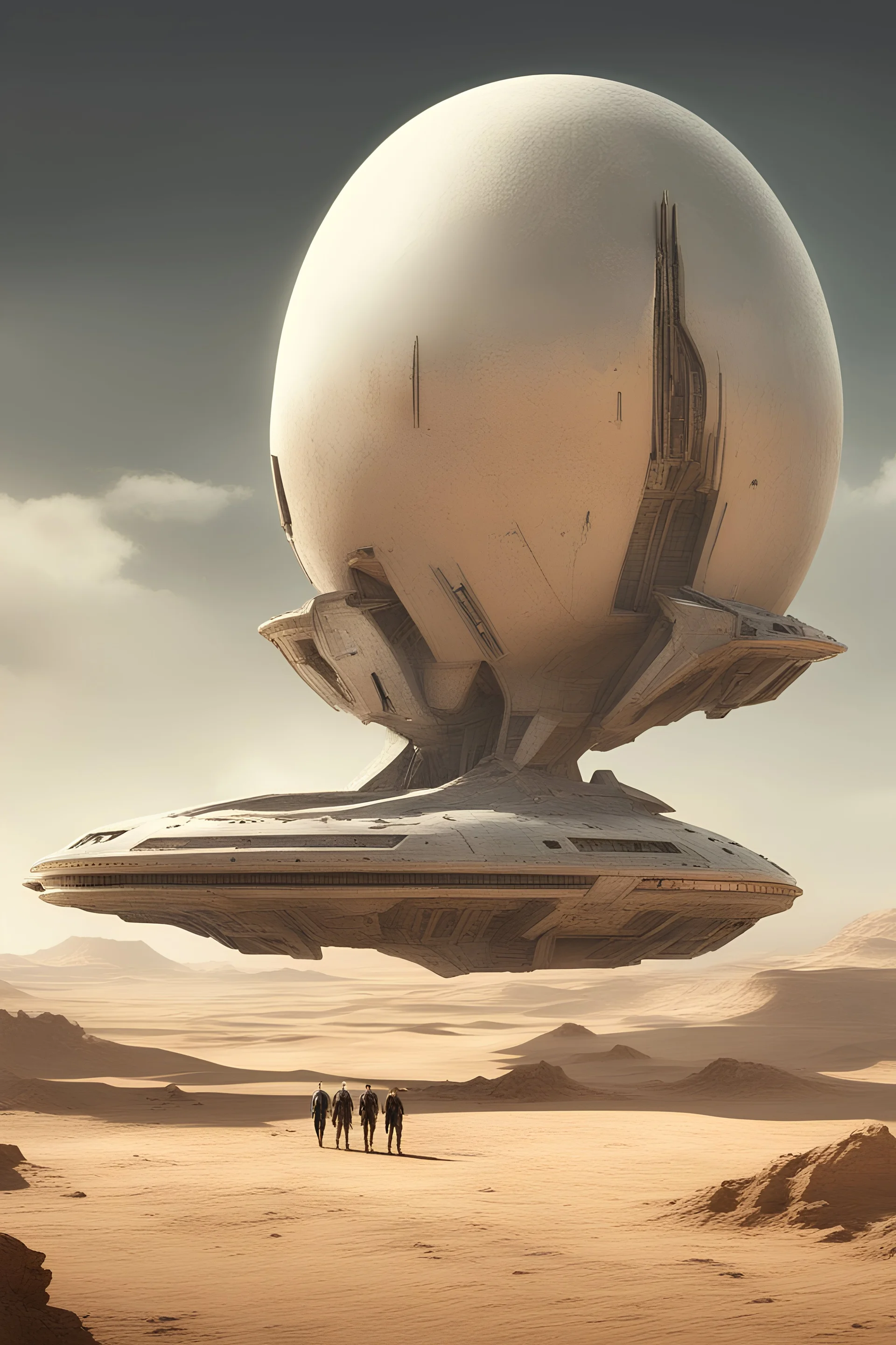A sleek Spaceship landing in a ruined alien desert city