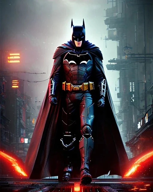 Detailed robot batman , intricate details, full body portrait, keep head in frame, slight, black Japanese motif, concept art, highly detailed, digital painting, concept art, sharp focus, illustration, art by Yoji Shinkawa, WLOP and greg rutkowski and alphonse mucha and artgerm and yanjun Chen and Junji ito and Makoto Shinkai, HDR, octane render