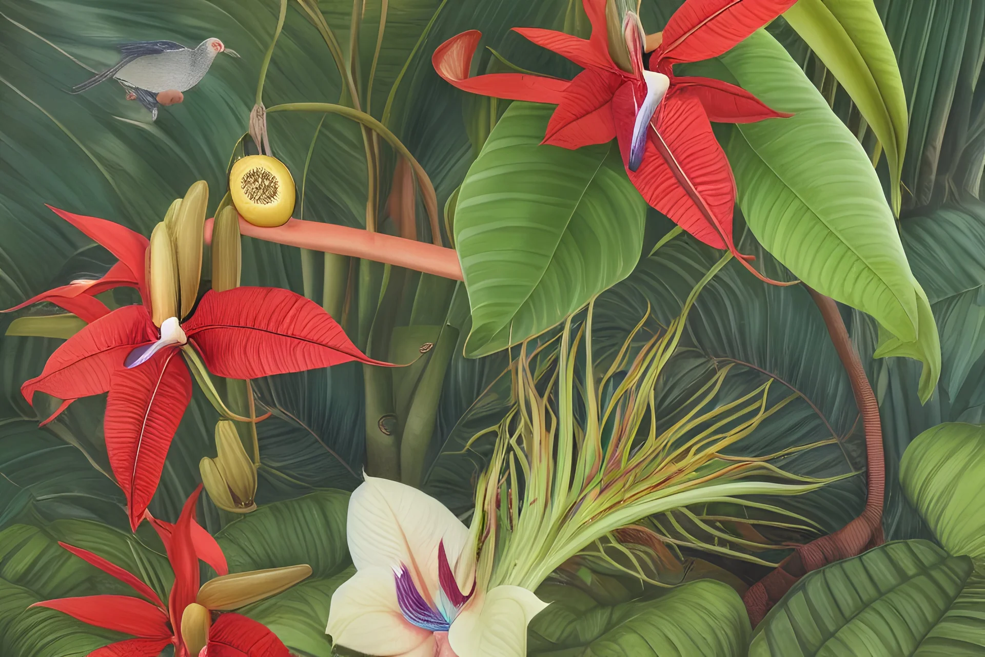 fine color pencil, botanical illustration book cover design, tropical plants, orchids, rubber trees, poinsettias, cacao trees, venus fly traps, passion flowers, peace lilies, brazil nut trees, mahogany trees, passion fruits, lianas, birds of paradise, strangler fig, quinine, 3d depth effect, shadows, ambient occlusion, intricate, detailed, small minutiae, tiny features, particulars, bright colours, autocontrast, dynamic range, white parchment canvas