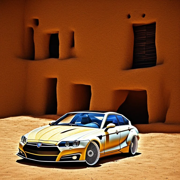 A Tesla's 'Model S Plaid' is parked, within 'Jemaa el-Fnaa', in Marrakesh. CINEMATIC. WIDE ANGLE LENS.