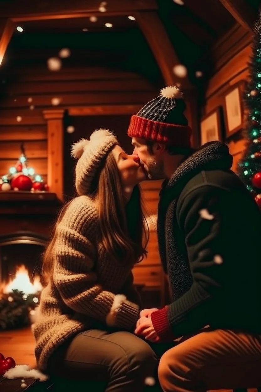 Cozy Christmas scene couple kissing