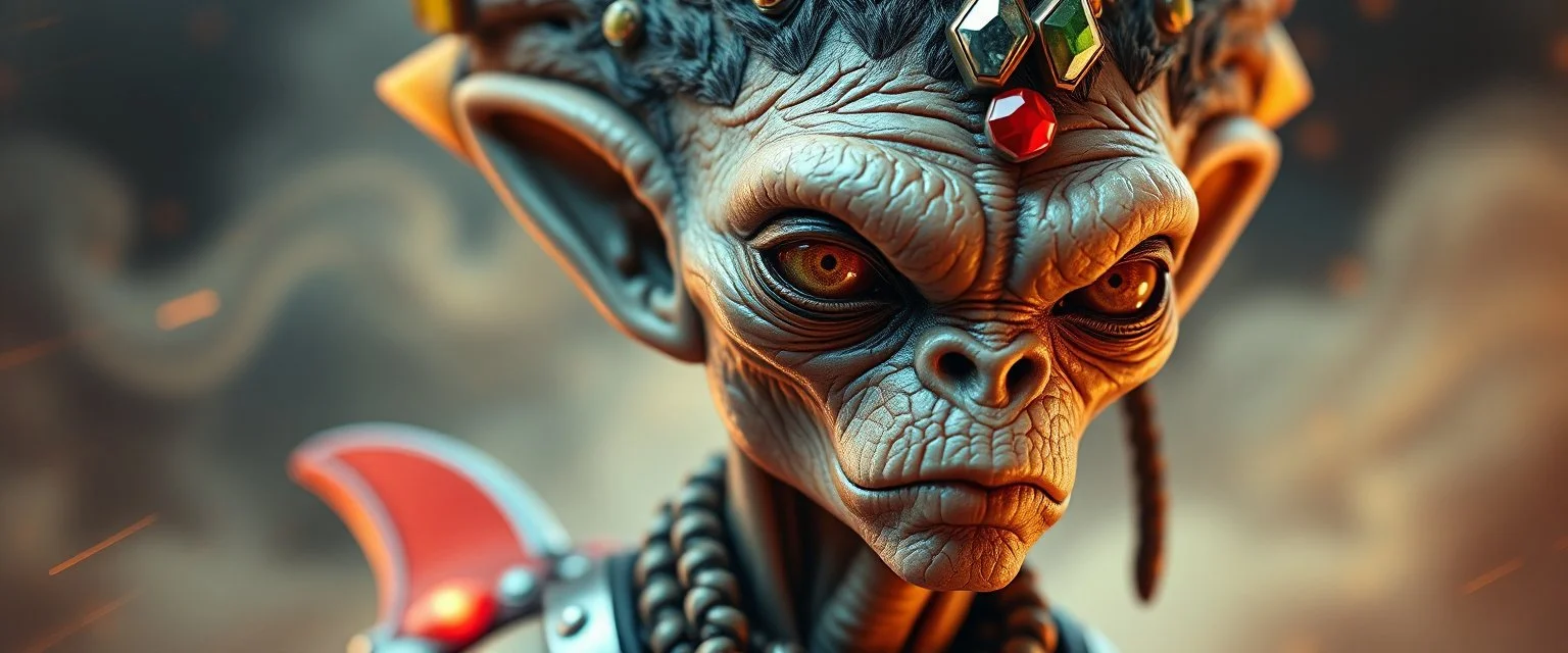 close up portrait with fine pores and real skin texture, clear transparent skin, wise eyes, hairy macho disco alien pimp indian Homunculus – living in a hi tech marvellous hot dog art graphics and gems on rocket with a mounted sling shot mega harpoon, heading for venus , background motion blur and smoke swirls