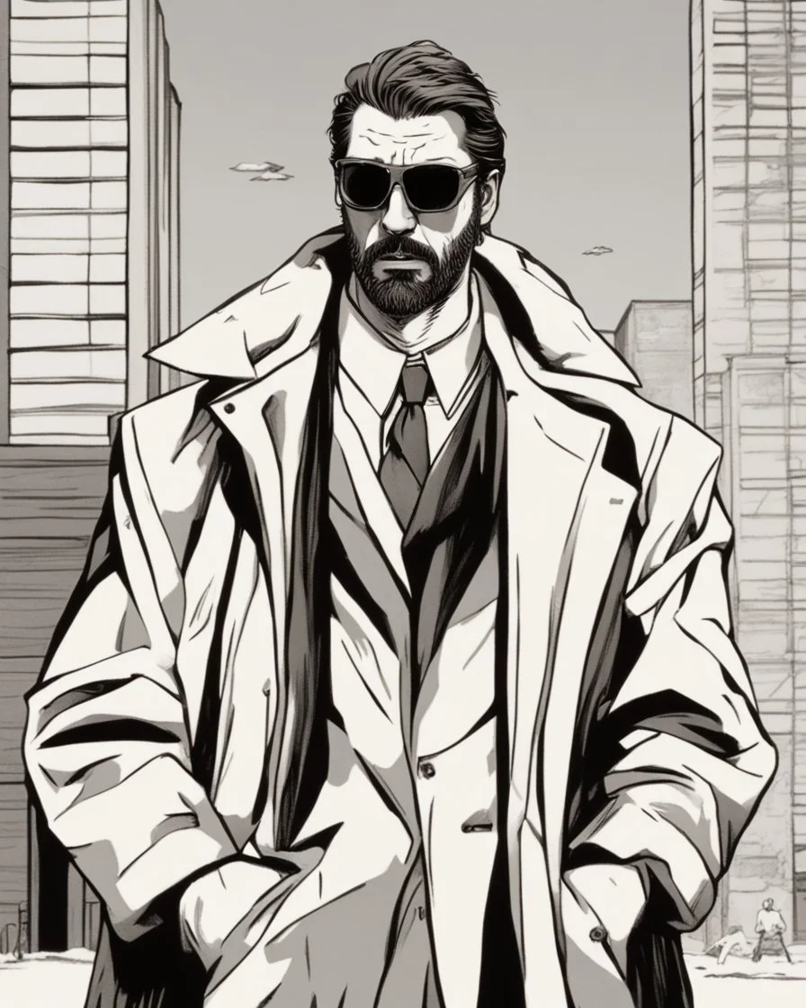 a young man with big muscles who looks like hans gruber wearing a heavy coat and red sunglasses staring with an irritated look on his face