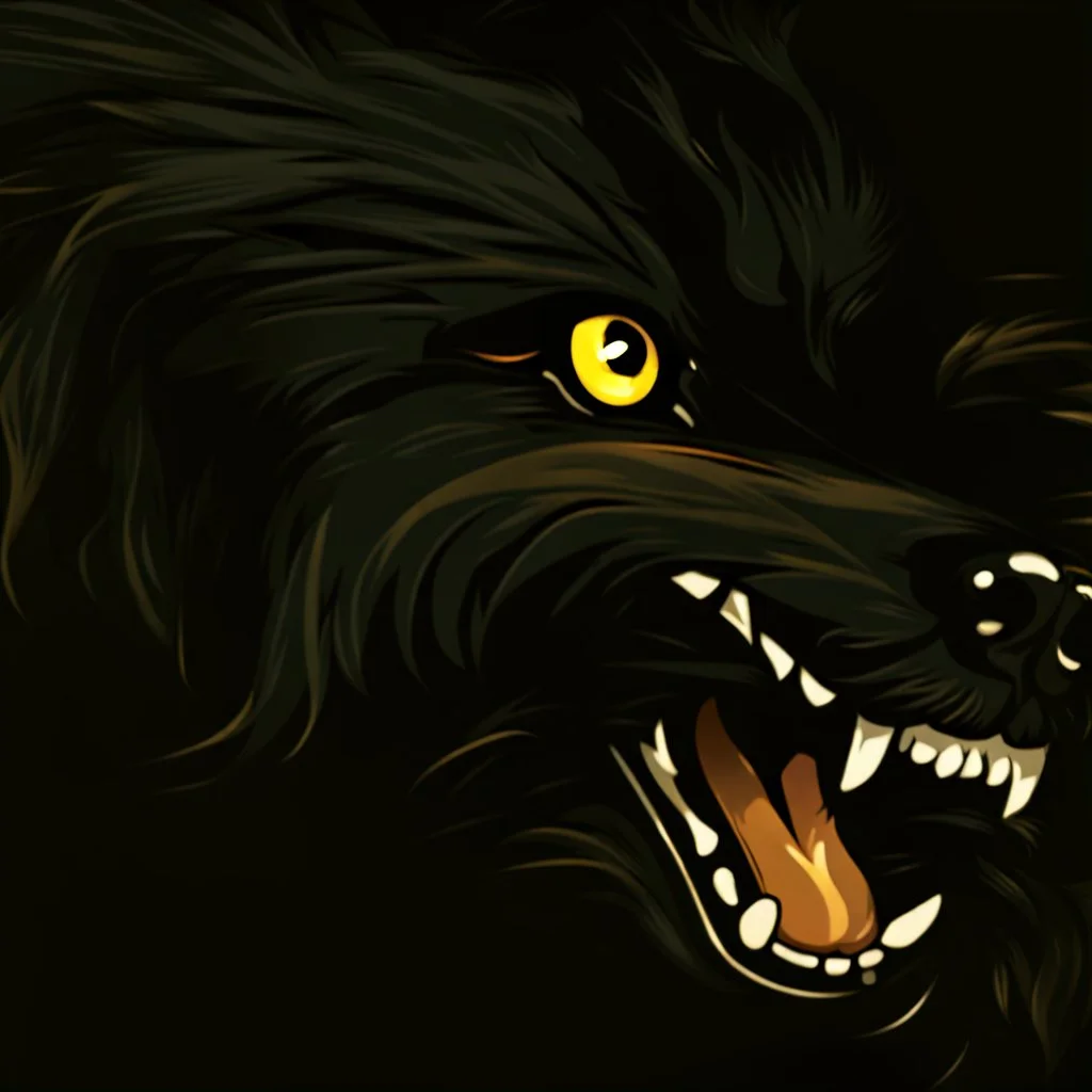 an angry scruffy black terrier on black background, yellow eyes, make 30% brighter, illustration