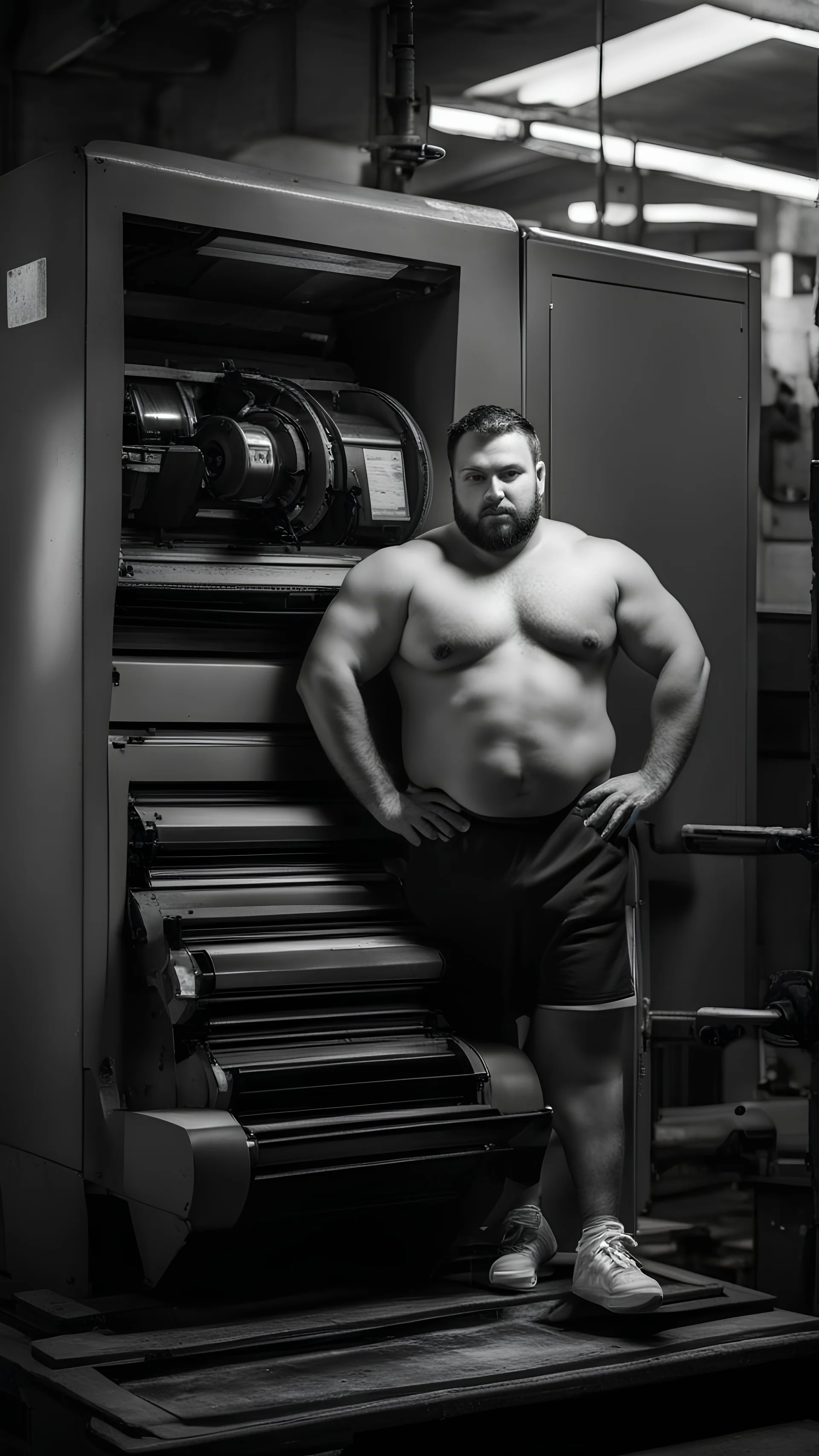 big muscular italian chubby 32 year old man in tracksuit, short beard, shirtless, printer in an old printing house, next to a huge old printer, dim light, side light, ambient occlusion