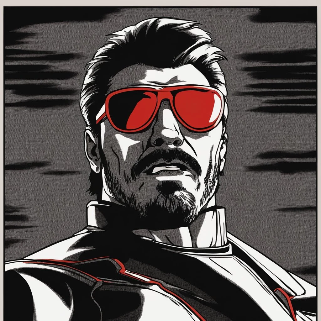 a young man with big muscles who looks like hans gruber wearing a turtleneck and red sunglasses staring with an angry look on his face