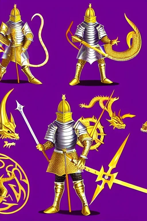 medieval Knight in golden jeweled armor vs dragon, violet color, high detail, sorcery, sparks, mechanical, plasma, treasure, weapons, slithery, legendary