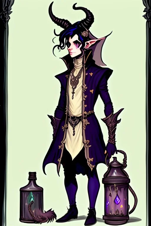 Young tiefling nobleman alchemist with black hair horns and large reptilian tail gothic jewelry and potion bottles in the style of Charles Addams