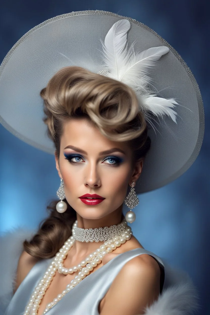 full body beautiful girl, elegant silver,lace clothes of the 80s, luxury style, small elegant hat with feather, hair of the 80s, pearl necklace, earrings masterful, beautiful face,blue backdrop