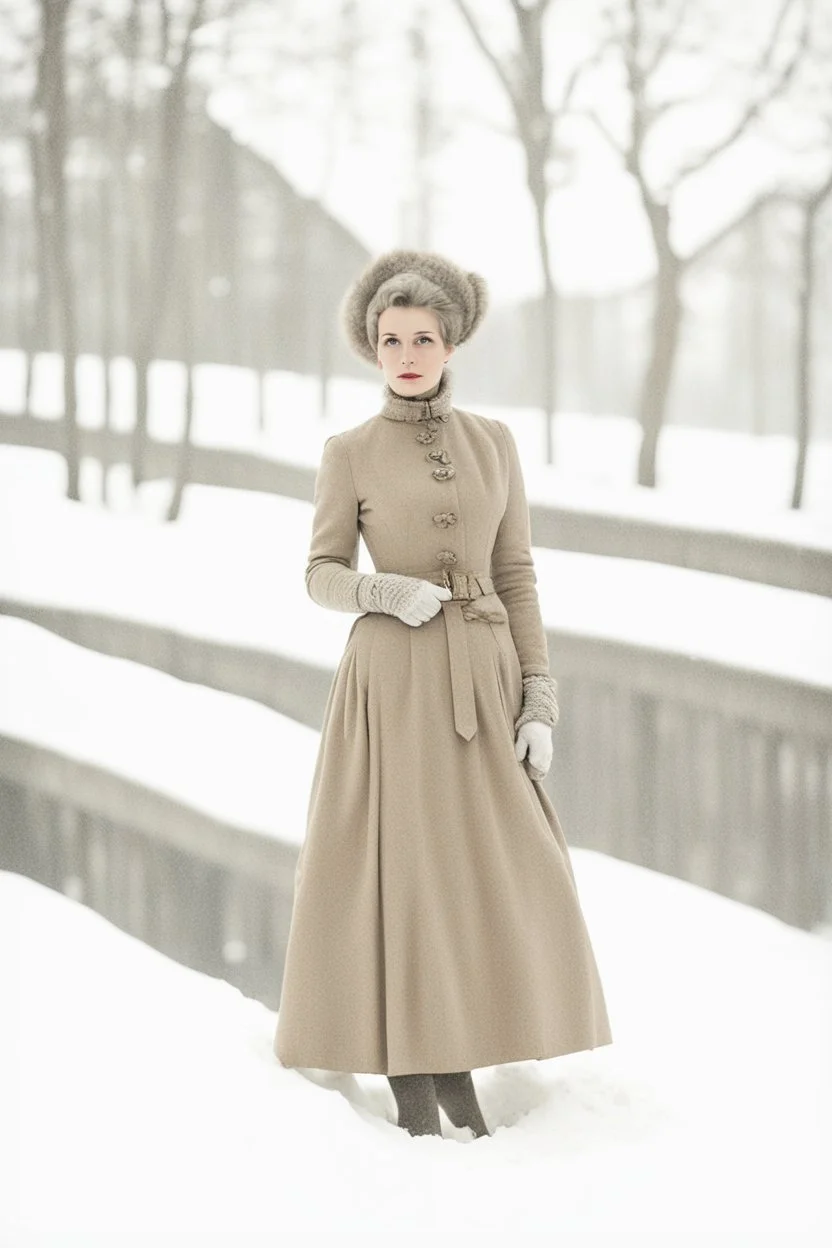 Portrait of a vintage woman in winterdress half body on a white background