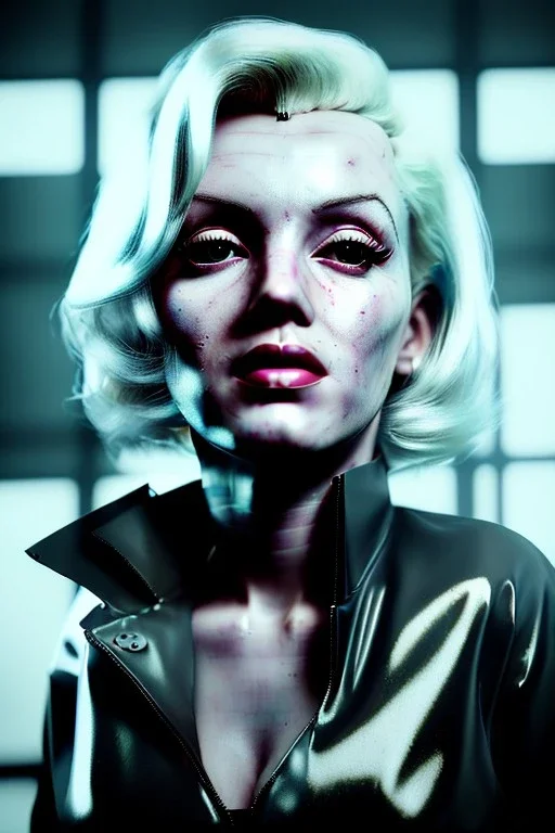 Ultra Realistic image, portrait, blonde woman, sweet Marylin Monroe face, perfect iris, glow eyes, makeup. Cyberpunk style, oversized transparent latex coat, yakuza tattoos.fog, rain, soft color, highly detailed, unreal engine 5, ray tracing, RTX, lumen lighting, ultra detail, volumetric lighting, 3d, finely drawn, high definition, high resolution.