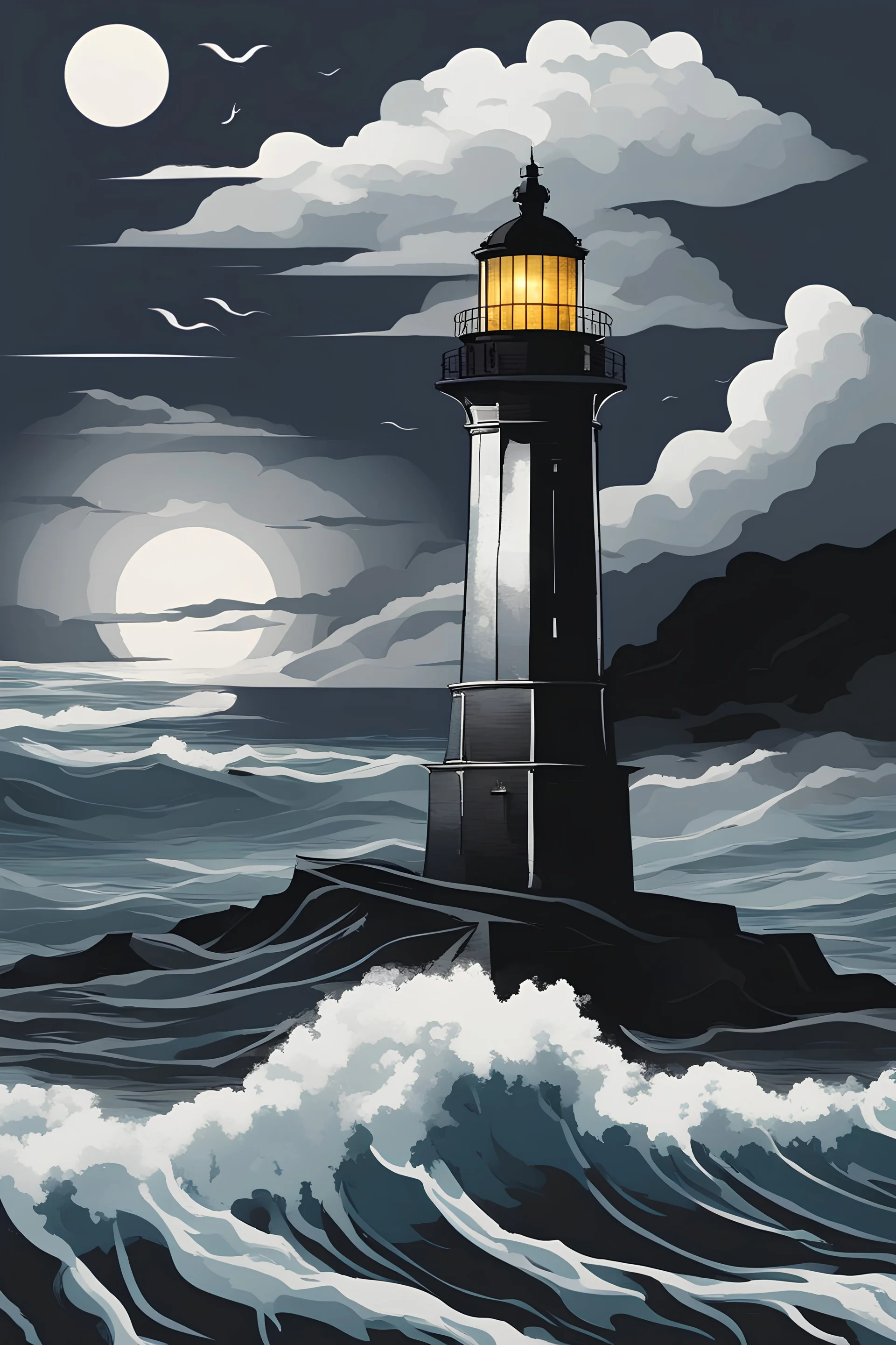 Content Art, **Featured Art:** The Lighthouse: A silhouette of a lighthouse, symbolizing guidance and vigilance, standing tall amidst stormy seas, symbolizing adversity. **Appearance:** Consider using a series of silhouettes to tell a story or progression. Silhouette art ideas that encapsulate the themes of safety, rights preservation, and vigilance against malpractices, exploitation, and criminal activities.