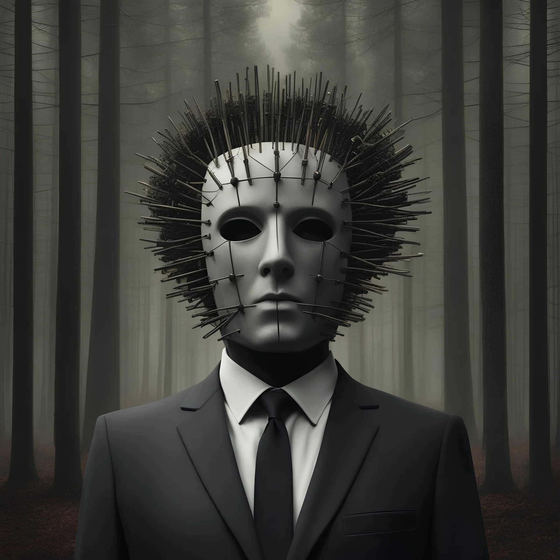 a man in a suit with pins sticking out of his head, digital art, inspired by Igor Morski, tumblr, standing in a dark forest, pinhead from hellraiser, wearing wooden mask, tom bagshaw style, wearing a plug suit, instagram photo, eraserhead, style of ade santora, gray anthropomorphic, no face mask, slipknot, shot with Sony Alpha a9 Il and Sony FE 200-600mm f/5.6-6.3 G OSS lens, natural light, hyper realistic photograph, ultra detailed -ar 3:2 -q 2 -s 750