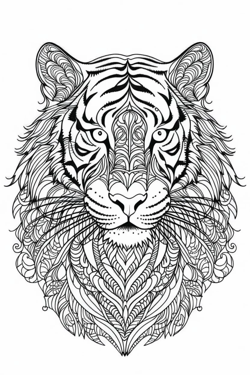 outline art for an Adult coloring page, Sketch style, only use outline< Mandala style Tiger, clean line art, white background, no shadows and clear and well
