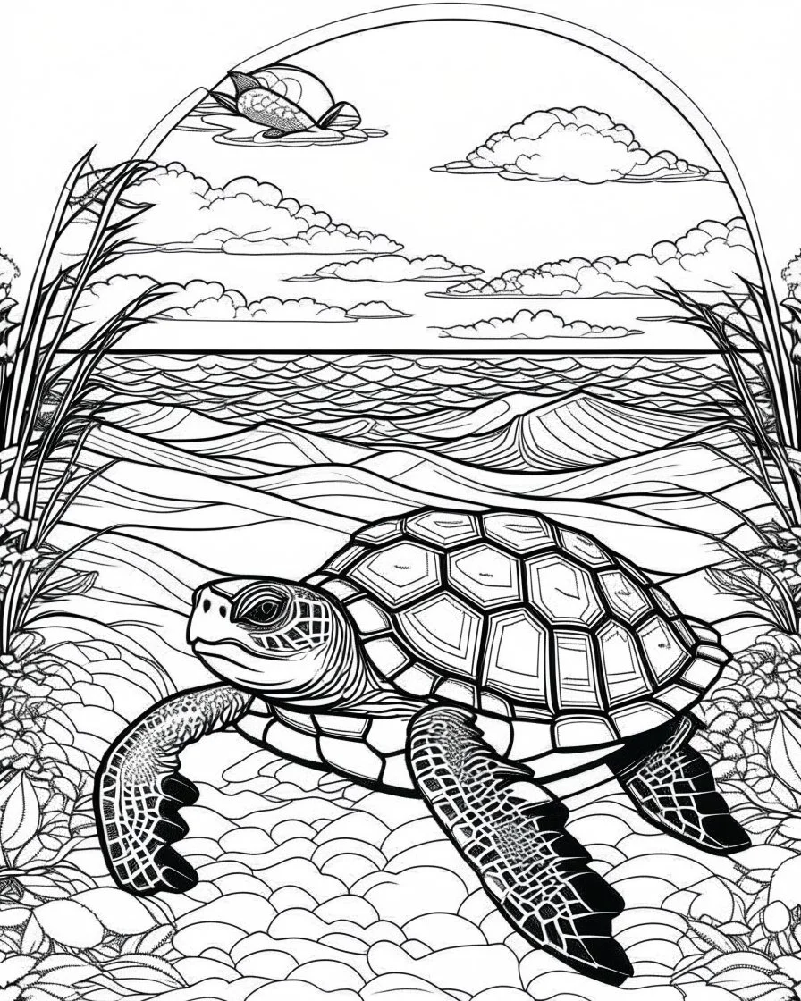 coloring pages for kids, Pacific island shaped Japanese ink painting, paradise, sea turtles, yellow sun , Art drawing .super detailed, anime cartoon style, thick lines, low detail, black and white, no shading, --ar 85:110