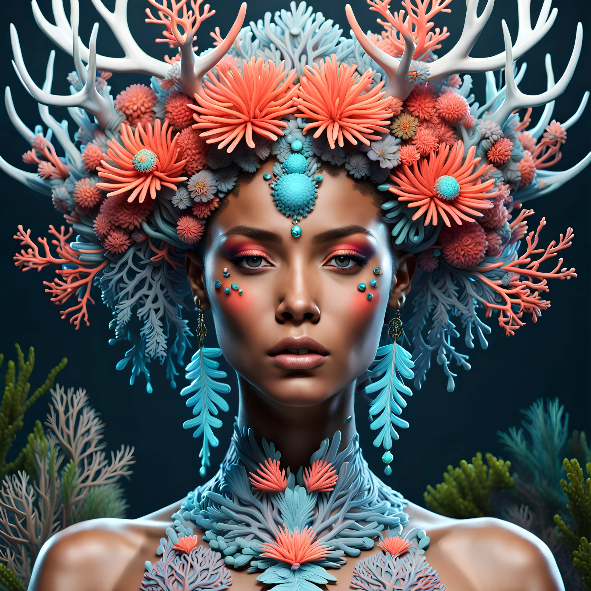 woman 3D rendering of an impressively detailed and complex hyper-realistic "coral": front view, colorful, antlers, rainforest, tribalism, detailed flowers, shamanism, cosmic fractals, dystopian, octane rendering, post-production 8k, dendritic, artstation: award-win : Professional Portrait: Atmospheric: Powerful: Fantastic: Clarity: 16k: Ultra Quality: Astounding: Brightness: Stunning Colors: Stunning Depth