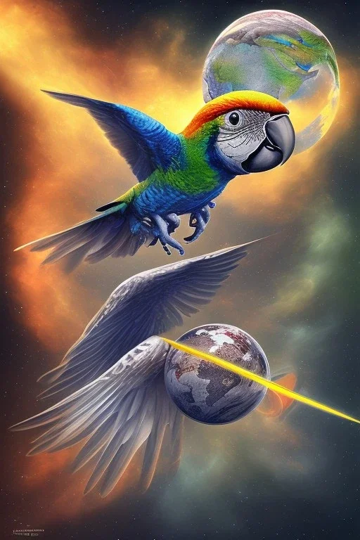 Parrot is flying in the space and is holding the earth in his claws. Surrealism.