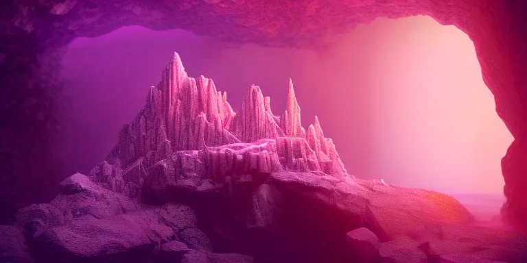 single pink crystal, on an altar in a foggy cave, cinematic,