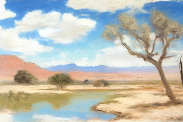 clouds, arid land, distant mountains, dry trees, pond, philip wilson steer impressionism painting