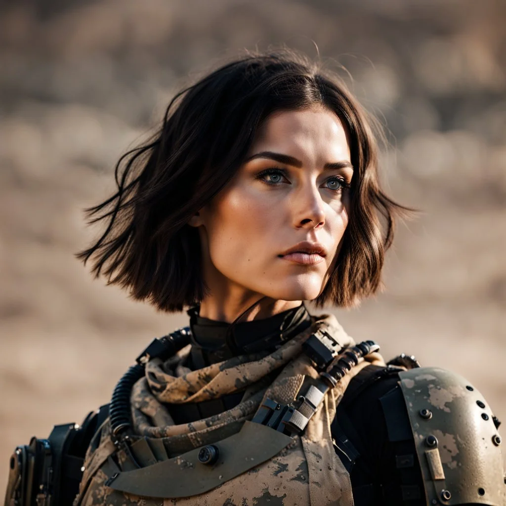 beautiful sexy caucasian female soldier, black metal body and limbs, visible cybernetic limbs, scratched sand camo, no armor, short brunette wavy bob haircut, dystopian, desert scene