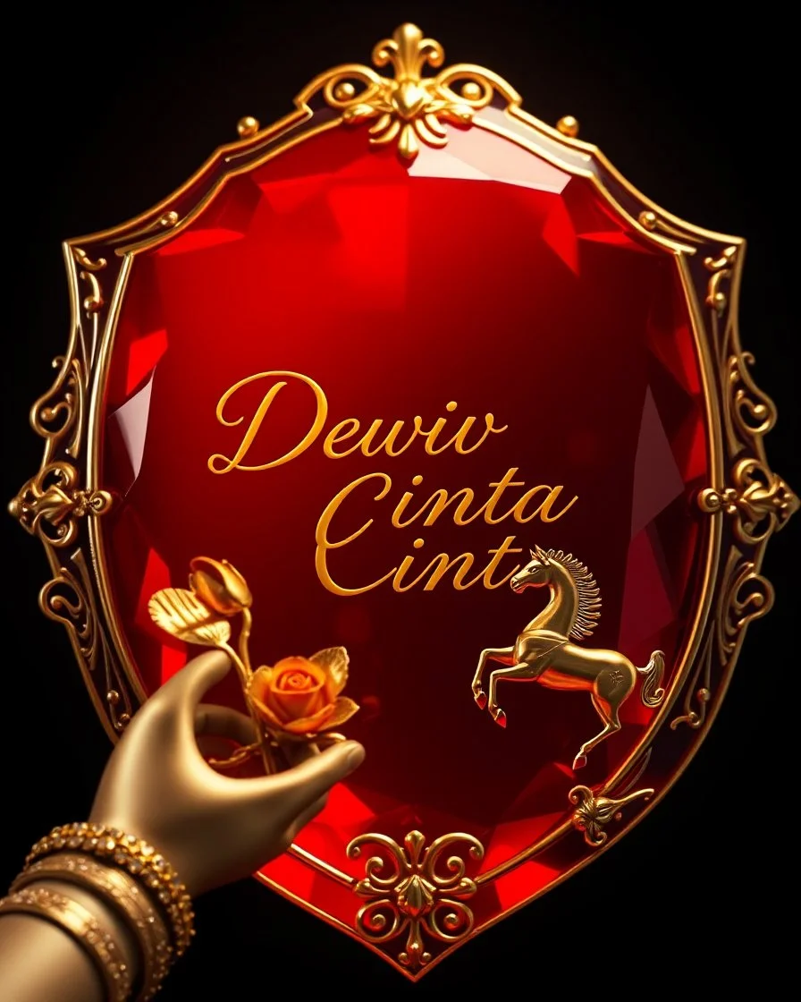 hyper realistic image of a shiny bright red crystal sheild with an intricate gold frame, written text details "Dewi Cinta " in cursive letter near a gold rose, gold horse, gold bracelet, dark background, ultra HD 64k studio hyperrealism lightning light reflection macro photography sharp focus.