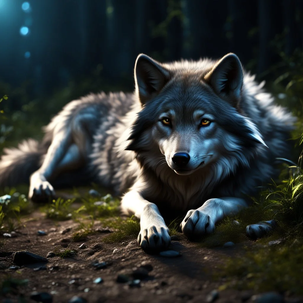 small wolf lying down on its side on the ground photo realistic, 4k, dark fantasy