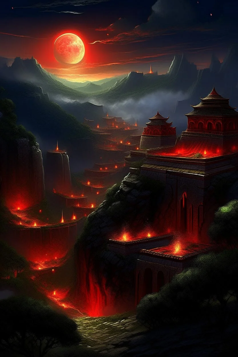 View of an ancient walled city sitting in a valley as viewed from the rim of the valley, the city is lighted by torches placed along the walls with windows high upon the wall, One window has a scarlet cord draped out reaching the ground, the sky is dark and surrealistic with planets and moons on the horizon, the rim of the valley has armored soldiers laying in wait while 2 spies work their way down to the outside of the city wall where the scarlet cord hangs from the window above