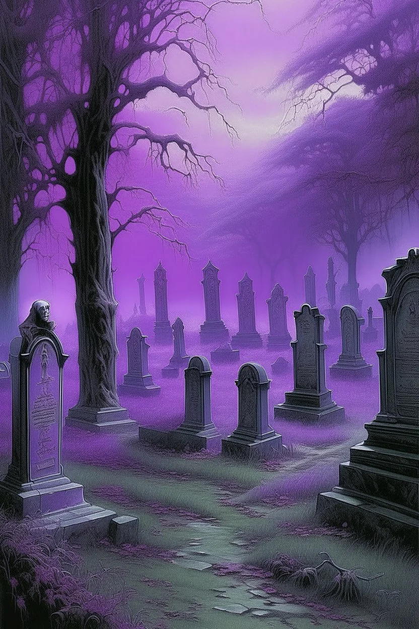 A purple graveyard with dancing ghosts painted by Francis Danby