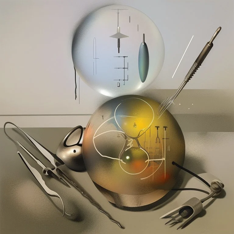 Soap Bubble,complex surgical instruments mixed with musicial instruments,minimalism,Painting By Adrian Ghenie, Rene Magritte, Basquiat ,Salvador Dali, Lucian Freud, Jan Van Eyck