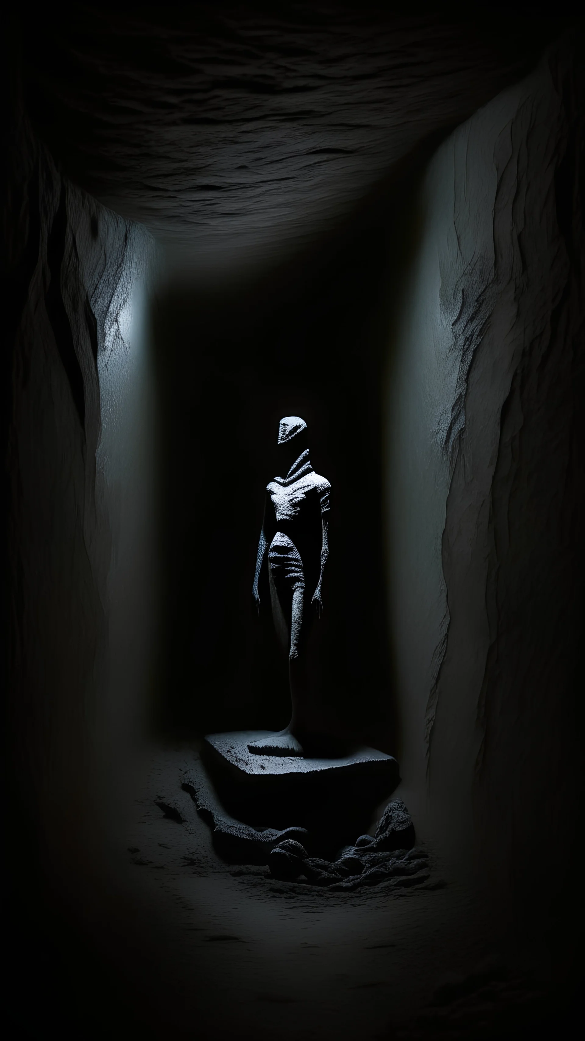 sculpture of a figure in semi-darkness, on the scree cone of an underground room dimly lit by daylight coming from a well located forty meters above.