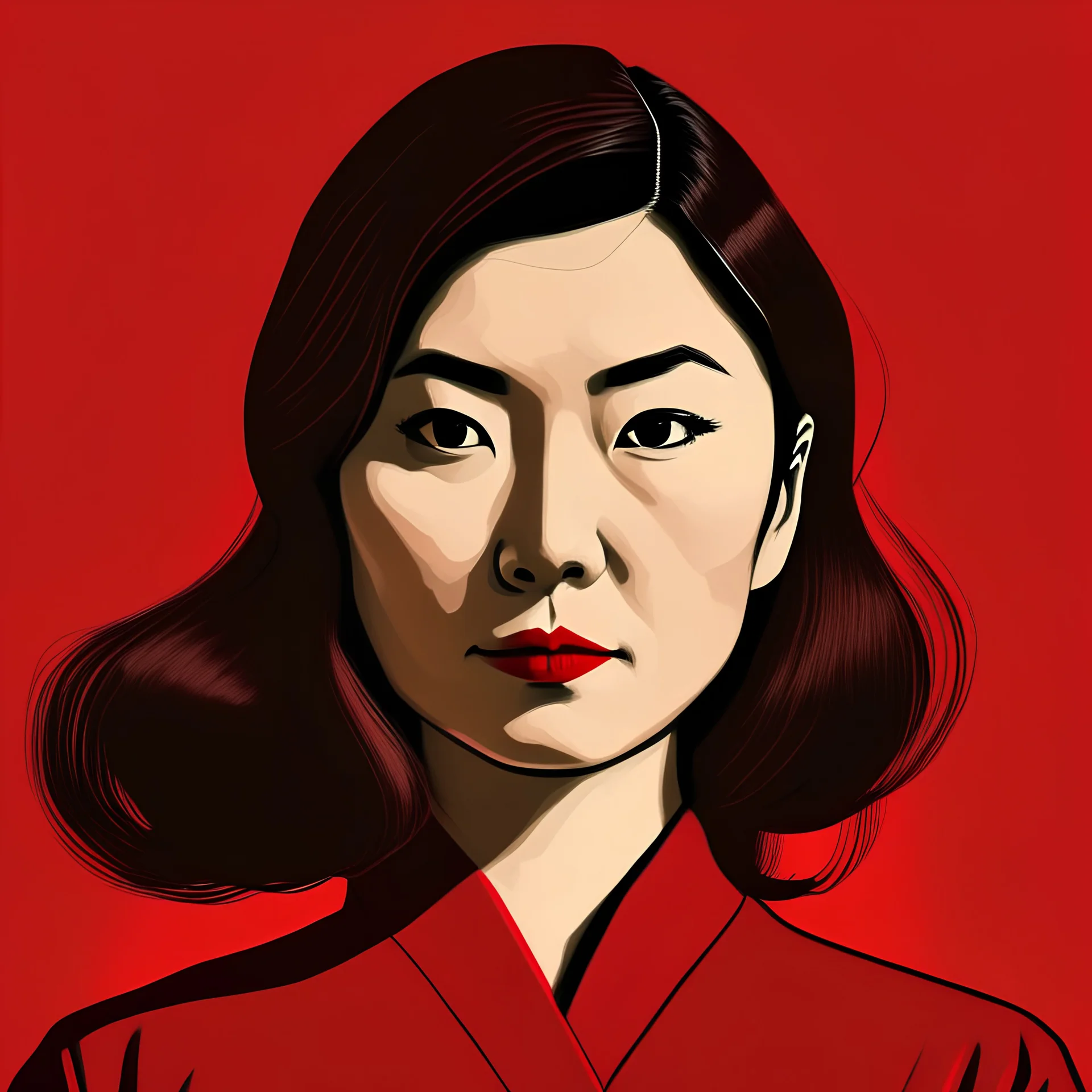 Illustration of a 30 year old Japanese woman with with dark brown hair, front view, red background