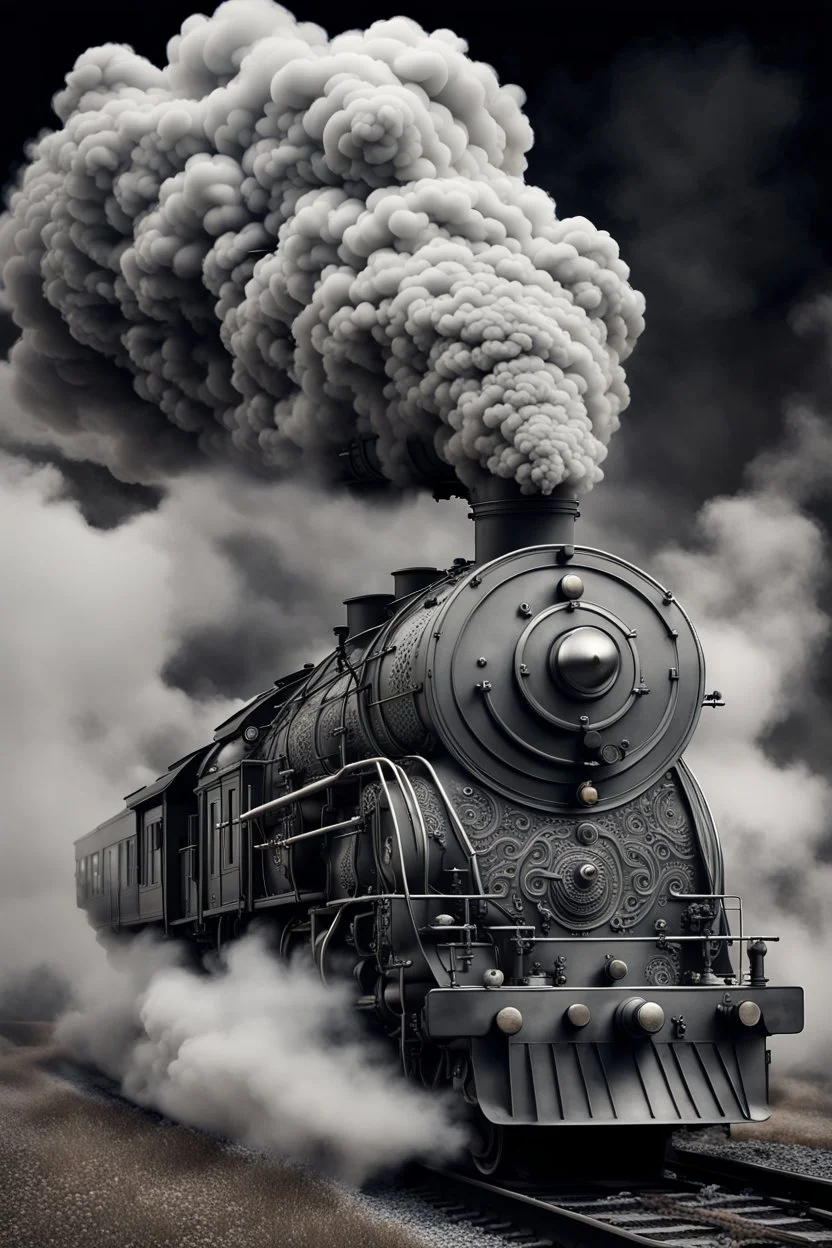 A steam train made of swirling smoke, with intricate patterns and designs on the locomotive's body. The artwork uses focus stacking and digital art techniques to create a surreal and detailed background. The dark, white and gray style depicts hyperrealistic sculptures and hyperdetailed illustrations of surreal and dreamy landscapes in the style of hyperphotorealism. Silver, black and grey colors are used.