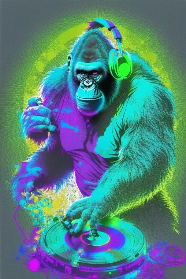 action shot of a Gorilla with headphone mixing music with Dj controller , DMT art, blacklight, tshirt vector, enclosed in a circle, sunshine, contour, white background