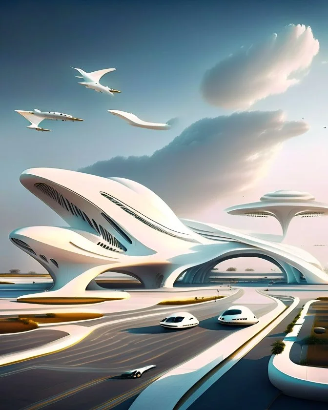 Aeropuerto futurista pistas aviones arquitectura estilo Zaha Hadid color blanco crema 8k gente parqueaderos