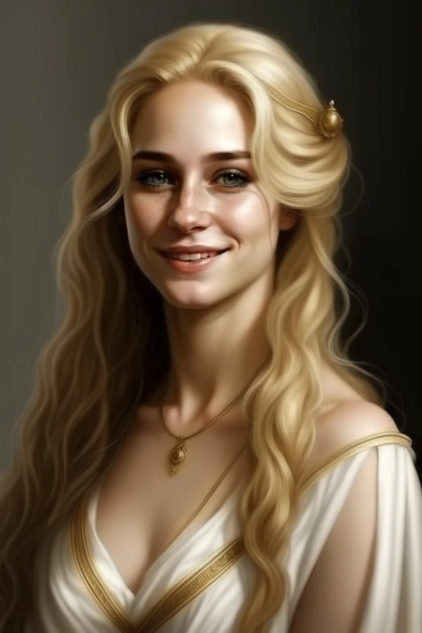 portrait of a woman who looks like an elegant, greek goddess; she is beautiful and has long blond hair, friendly, kind and gracious, smiling