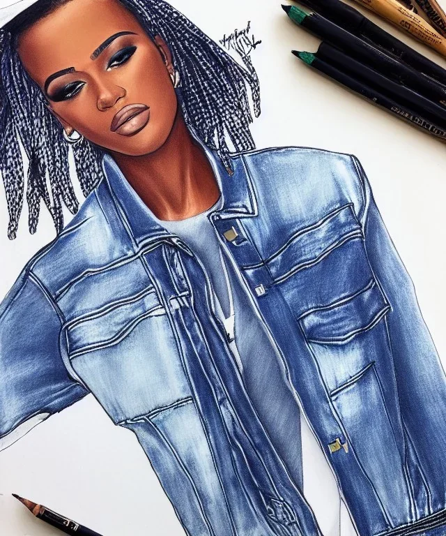 Fashion illustration, fashion drawing, Croquis, Hussein Suleiman, Jefferson Osei, Abderrahmane Trabsini, Fenty, denim jacket, mudcloth patches, distressed jeans, flare leg, African American model