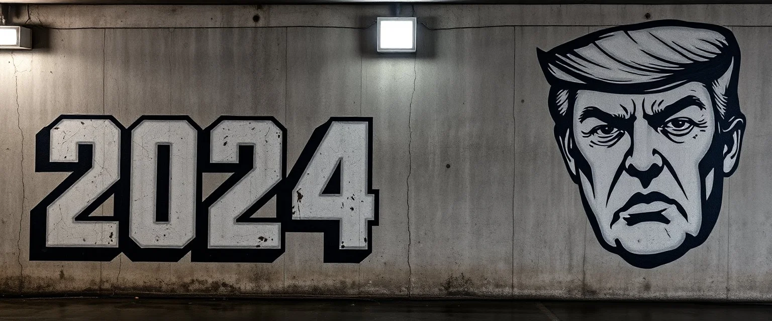 background of wall(wet textured concrete, gray, old, cracked, stained, 1 wall light) from underground parking, german style, a large blocky upside down "2024" painted on left(old faded paint), cyberpunk, to the right a larger mural(face and eyes cropped above nose, angry and scornful, trump, black and white)