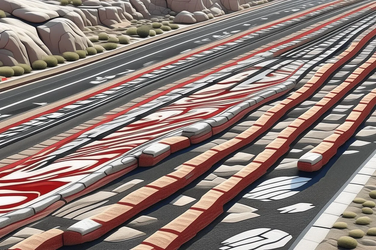 A reddish gray highway with speeding cars designed in Ica stones painted by MC Escher