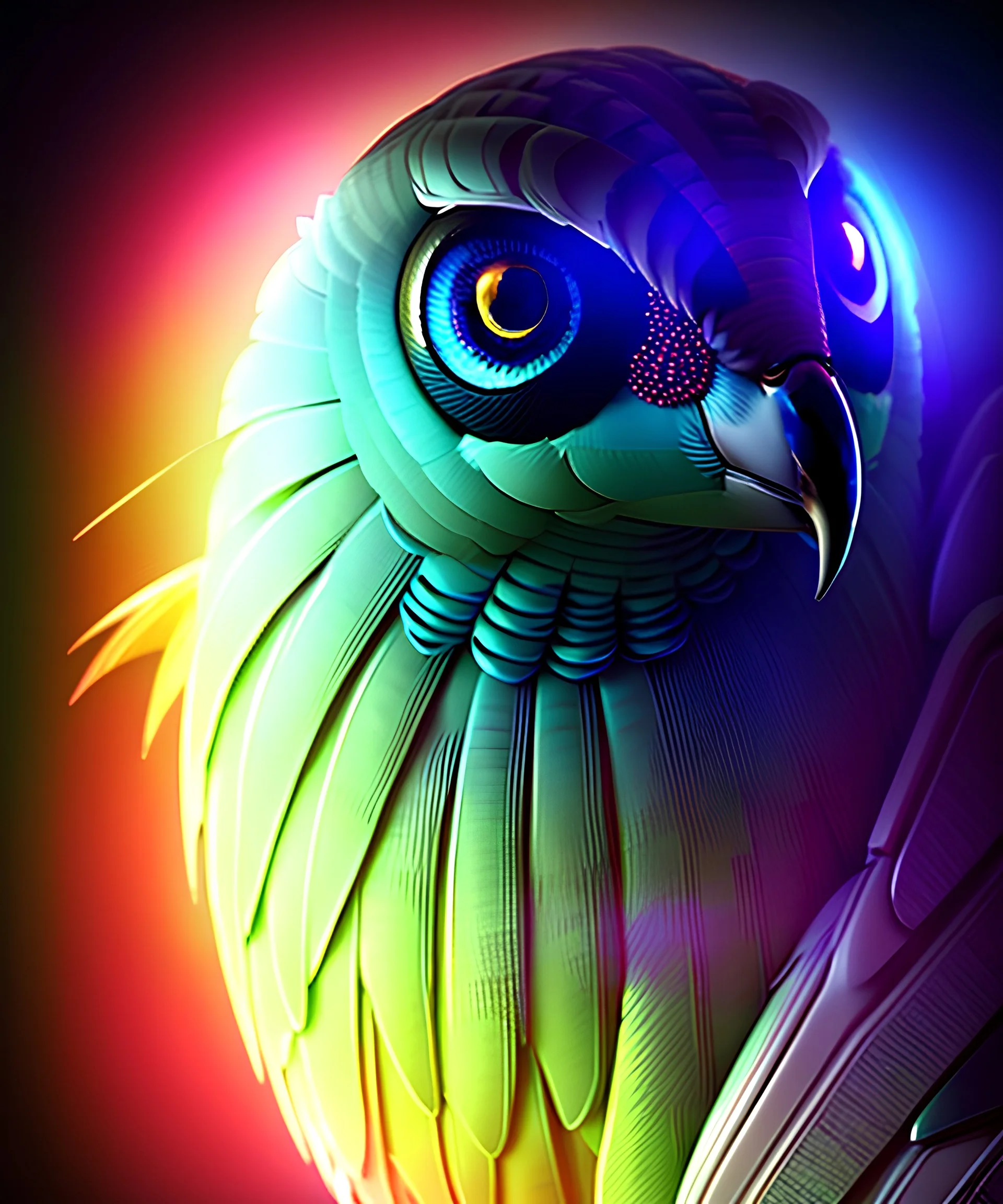 A bird fursona, Furry art, Digital art, cyberpunk, High quality, Backlighting, female, anthropomorphic, full body portrait, 8k resolution, bird tail, Realistic, high quality, great details, within portrait, masterpiece, best quality, detailed outfit, vibrant colors, perfect eyes, feathery, human body, robotic arm, sfw, highly detailed face, perfectly drawn, Taloned feet