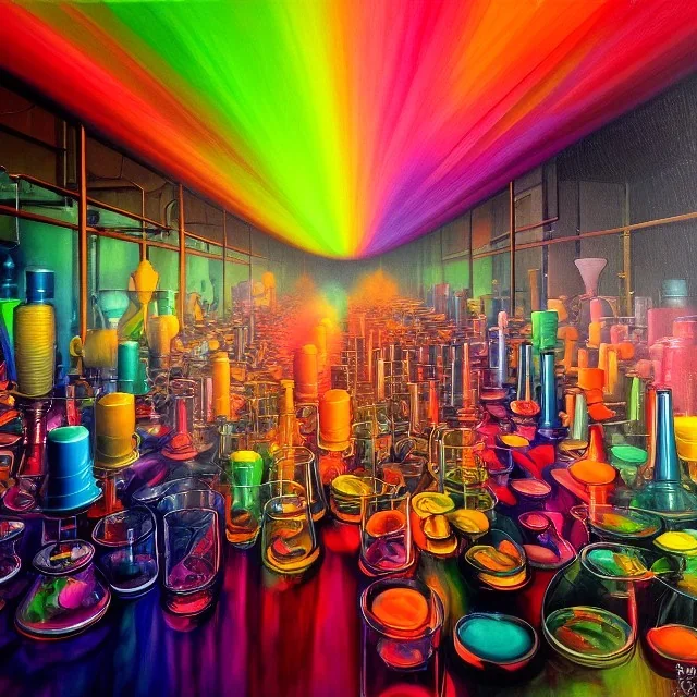 inside factory of colors. smoke rises from multi-colored glassware. color swatches in the background. hyperdetailed, warm colors, detailed painting, photorelistic, oil on canvas, light dust, futuristic. volumetric lighting