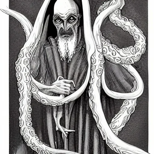 Nosferatu with white skin and a beard made of tentacles as a Russian Orthodox vampire with yellow eyes and vampire fangs