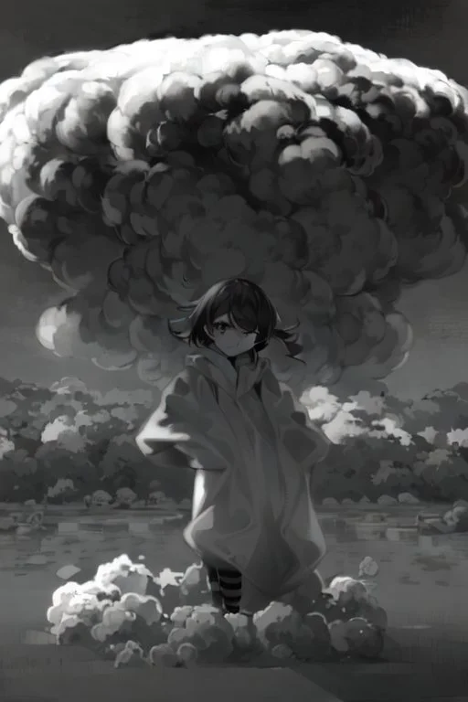 little girl watch Hiroshima bomb, greyscale