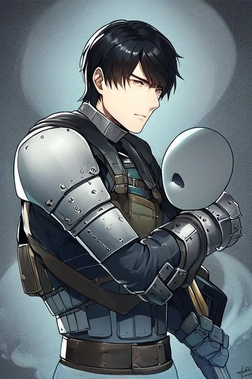 Male version of Motoko Kusanagi from "Ghost In The Shell (1995)", knight in steel plate armour, long black hair, pretty face, dignified, alone, slender